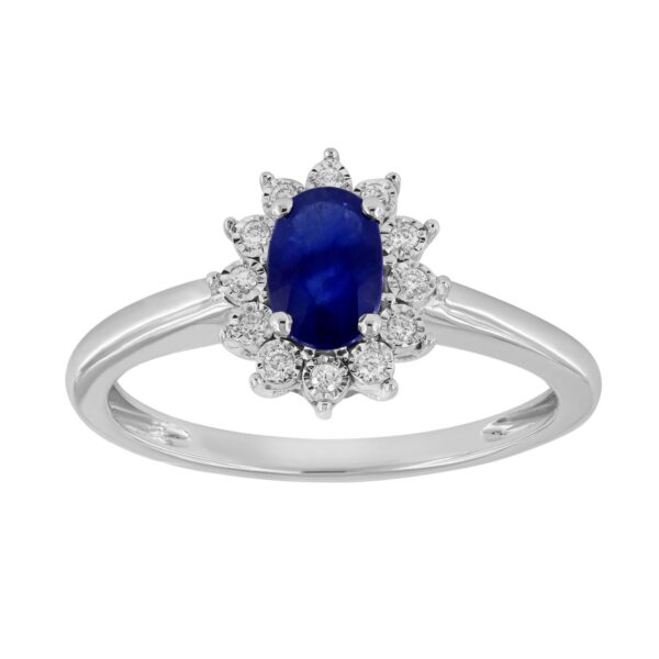 Ring hvitt gull roset blå oval safir