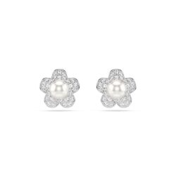 Swarovski - Ariana Grande x Swarovski stud earrings, Crystal Pearl, Round cut, Flower, White, Rhodiu