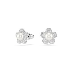 Swarovski - Ariana Grande x Swarovski stud earrings, Crystal Pearl, Round cut, Flower, White, Rhodiu - Bilde 2
