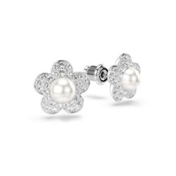 Swarovski - Ariana Grande x Swarovski stud earrings, Crystal Pearl, Round cut, Flower, White, Rhodiu - Bilde 4