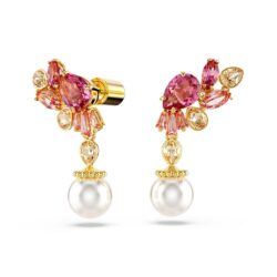 Swarovski - Gema drop earrings, Mixed cuts, Crystal pearls, Flower, Pink, Gold-tone plated