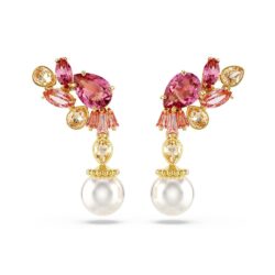 Swarovski - Gema drop earrings, Mixed cuts, Crystal pearls, Flower, Pink, Gold-tone plated - Bilde 4