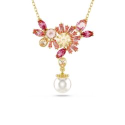 Swarovski - Gema pendant, Mixed cuts, Crystal pearl, Flower, Pink, Gold-tone plated