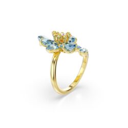 Swarovski - Str: 50 - Idyllia open ring, Mixed cuts, Flower, Blue, 18K gold finish