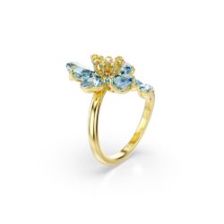 Swarovski - Str: 52 - Idyllia open ring, Mixed cuts, Flower, Blue, 18K gold finish